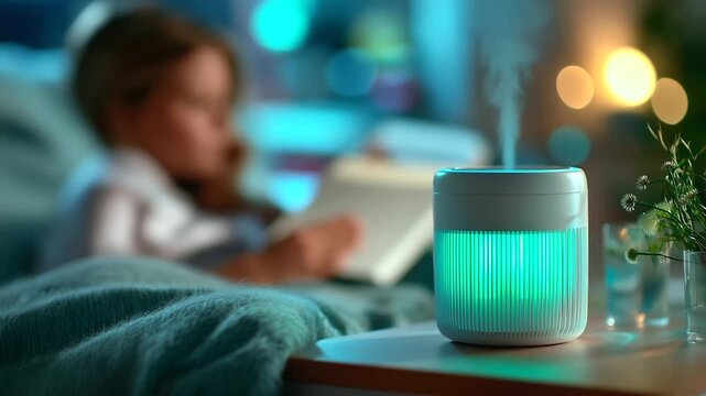 Calm bedroom with air purifier glowing, person wrapped in throw, audiobook paused, rest-first mood, with copy space