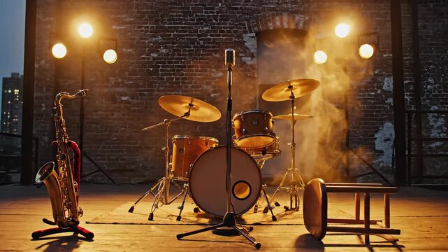 Jazz music stage setup with saxophone drums and microphone with smoke effects and city skyline