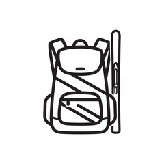 Ski backpack with poles black and white vector icon for winter sports equipment
