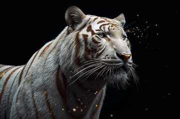 White Tiger Portrait with Golden Spark Dust – Majestic Detailed Wildlife Illustration
