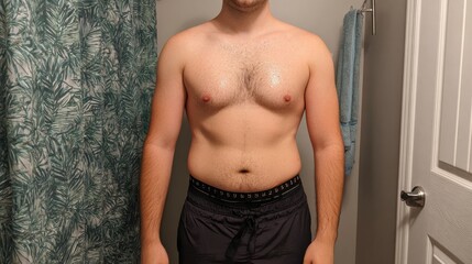 Progress Measurement Showing Belly Tape After Workout Session With Visible Sweat Droplets