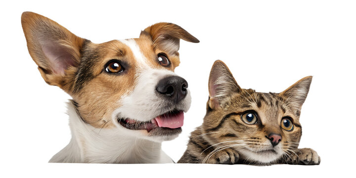 A playful dog and curious cat peeking from the side, appearing as if they are looking at the viewer. The cute and humorous composition brings joy and friendliness, perfect for children&rsquo;s designs, pet 