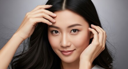 Obraz premium Elegant portrait of a young woman with flawless skin and flowing dark hair showcasing natural