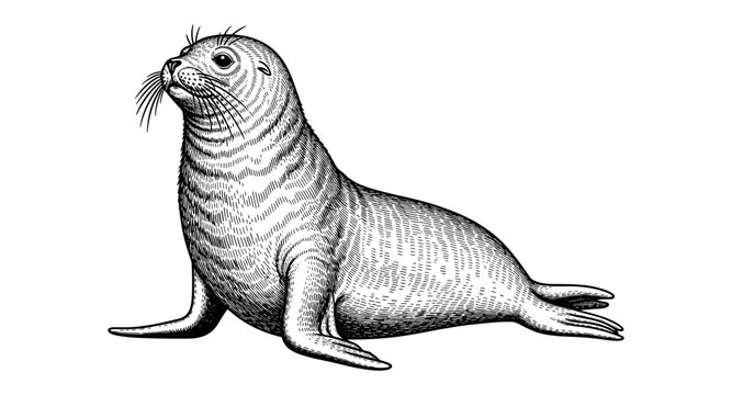Detailed hand-drawn seal artwork: realistic animal design in black and white