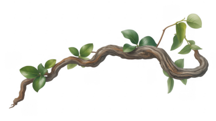 Gnarled wooden branch with green leaves isolated on a transparent background