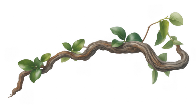 Gnarled wooden branch with green leaves isolated on a transparent background