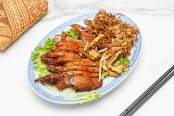 Canard laqu&eacute; avec nouilles sur assiette bleue. Cuisine chinoise. Traiteur chinois