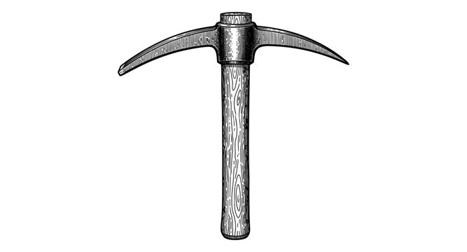Vintage pickaxe with wooden handle in retro hand drawn style