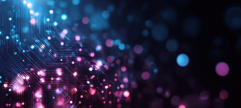 Abstract glowing circuit board lines with colorful bokeh lights background.