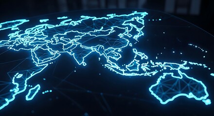 Neon Outline of World Map on Dark Background glowing