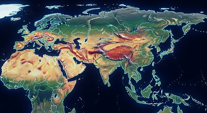 Topographical World Map with Mountains and Rivers relief map - Powered by Adobe