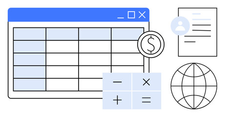 Spreadsheet interface, calculator with arithmetic signs, currency icon, user profile, document, and globe. Ideal for finance, budgeting, accounting data analysis global business education simple
