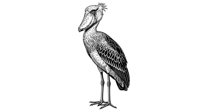 Detailed black and white drawing of a shoebill stork