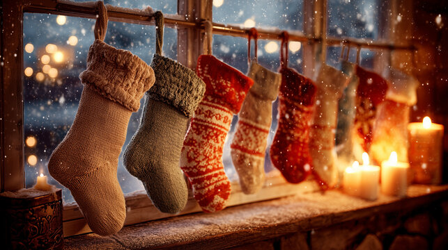 cozy knitted christmas stockings hanging by window with warm candlelight