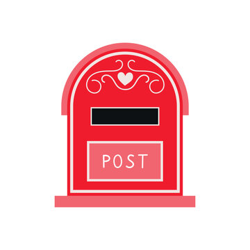 Red mailbox isolated on white. Valentine's Day mailbox with a heart and the inscription "Post." Flat style vector illustration.