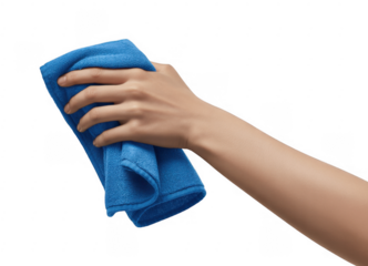 Hand holding blue microfiber cloth isolated on a transparent background