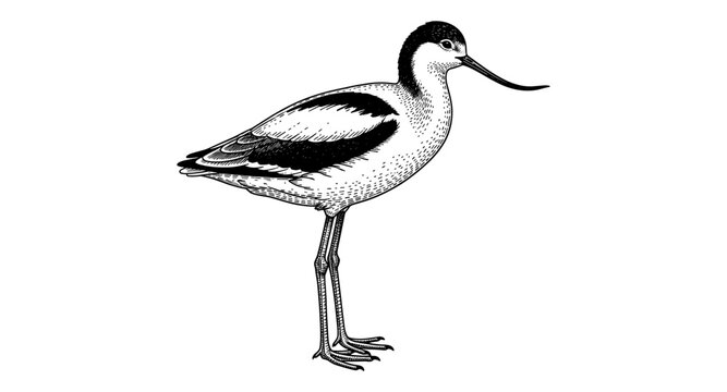 Detailed avocet bird engraving art: classic black and white wildlife design