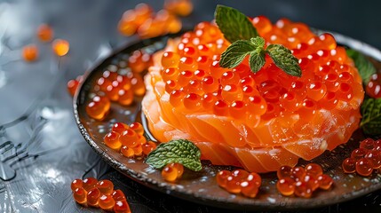 A beautifully arranged plate of salmon sashimi topped with vibrant orange salmon roe and garnished with fresh mint leaves.