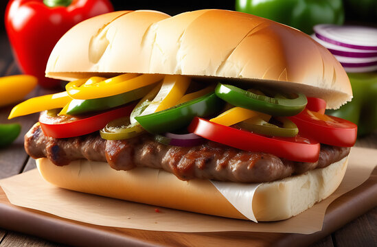A close-up of a delicious sandwich with a juicy beef patty, topped with fresh lettuce, tomatoes, and colorful bell peppers on a soft bun.