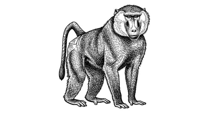 Detailed ink drawing of a baboon facing forward