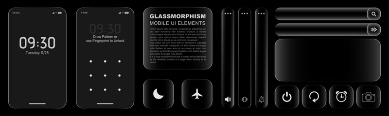 3d Liquid glassmorphism smartphone icons  and interface isolated for dark theme. White stoke UI light frame square and circle banner with glow stroke. vector illustration of an abstract background.