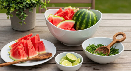 Fresh Watermelon Slices and Limes on Wooden Table