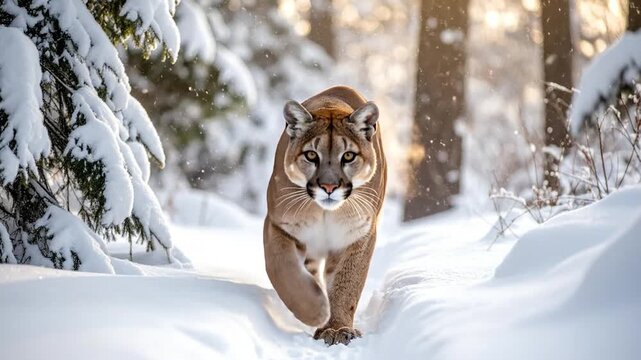 Majestic Cougar Walks Through Snowy Winter Forest