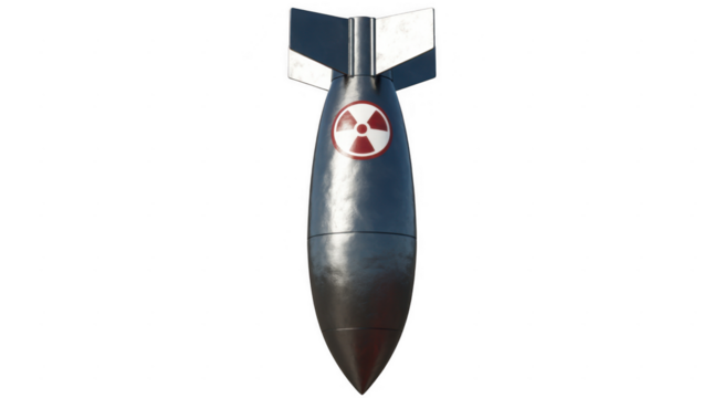 Metallic bomb with radiation symbol and fins isolated on a transparent background