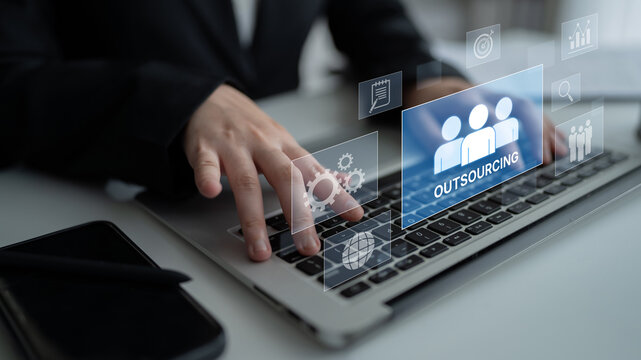 Outsourcing concept showing collaboration, delegation, global workforce, productivity, and task management through remote teams and external service providers Latch