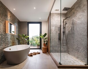 elegant modern bathroom featuring a sleek bathtub and luxurious shower with mosaic tile accents for a stylish and relaxing retreat