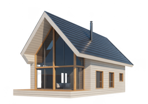 Modern wooden house with large glass windows and dark roof isolated on a transparent background 1 - Powered by Adobe