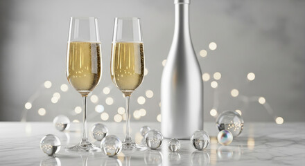 Elegant champagne glasses and bottle with bokeh lights