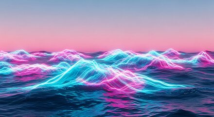 Glowing neon mountains reflecting in dark water under a pink and blue gradient sky landscape view ai generated