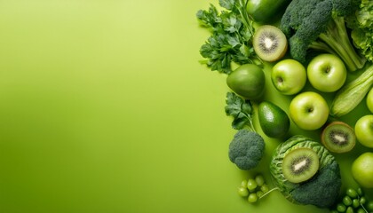 bright green veggies and fruits are neatly placed on a vibrant lime surface highlighting health and freshness