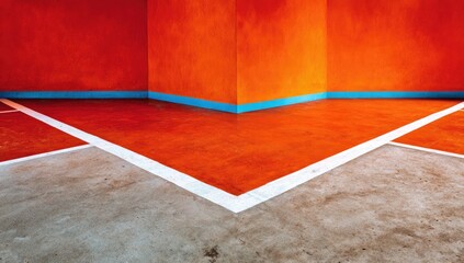 Fototapeta premium Vivid geometric lines define an empty court with vibrant orange walls.