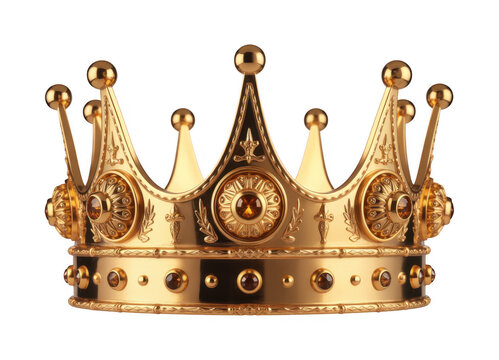Ornate golden royal crown with amber gemstones isolated on a transparent background