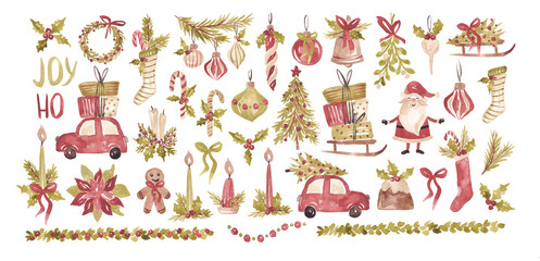 Retro Christmas set hand drawn with watercolor. Old style xmas illustrations for designing card, invite, logo, banner, pattern and so on