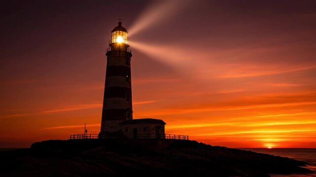 A majestic striped lighthouse shines its powerful beacon across the ocean at a vibrant sunset casting a warm glow over the serene coastal landscape