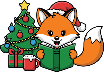 Cute cartoon fox wearing Santa hat reading book near decorated Christmas tree with gift and cocoa mug vector illustration.