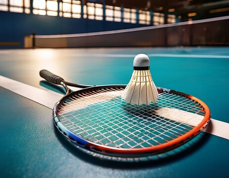 a badminton racket is held upward while a shuttlecock rests on the court surface in a sports facility