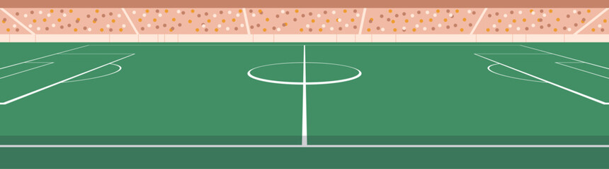 Football stadium field featuring green pitch, center circle, penalty areas, goal lines, audience stands, crowd pattern, sports arena environment, soccer field flat vector illustration. © PaleStudio