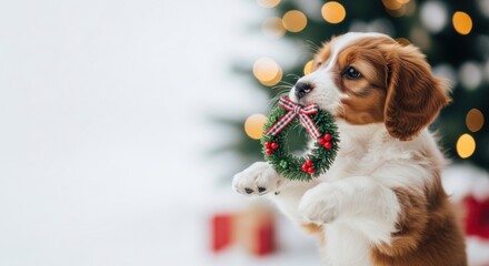 Puppy playing with Christmas wreath in front of decorated tree  