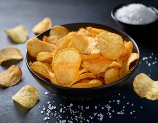 golden potato chips fill a black bowl while coarse sea salt sits beside it on a dark background
