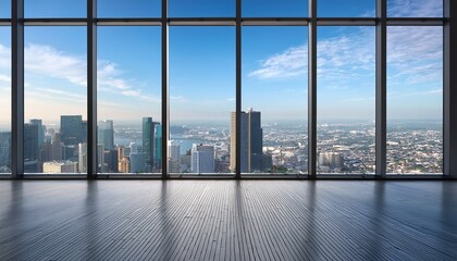 Fototapeta premium empty room with large windows overlooking a city 3