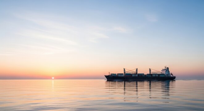 Cargo ship sailing on calm waters during sunset
