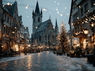 Obraz premium Charming European Old Town Square with Christmas Lights and Historic Church at Dusk