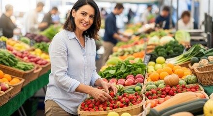 Female shopper choosing fresh strawberries at vibrant outdoor market