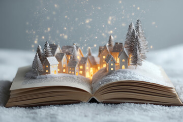 book lying with a miniature cozy winter village scene