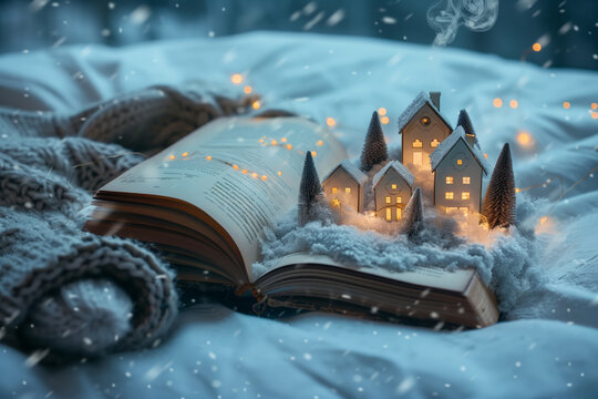 book lying with a miniature cozy winter village scene