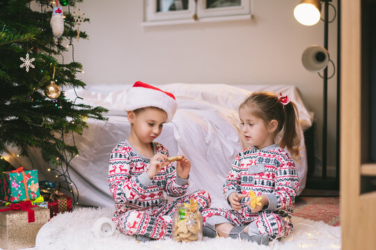 Children in festive pajamas excitedly explore a jar of holiday treats beside a decorated Christmas tree during the festive season. Joyful siblings sit on cozy rug, getting into jar filled with sweets.